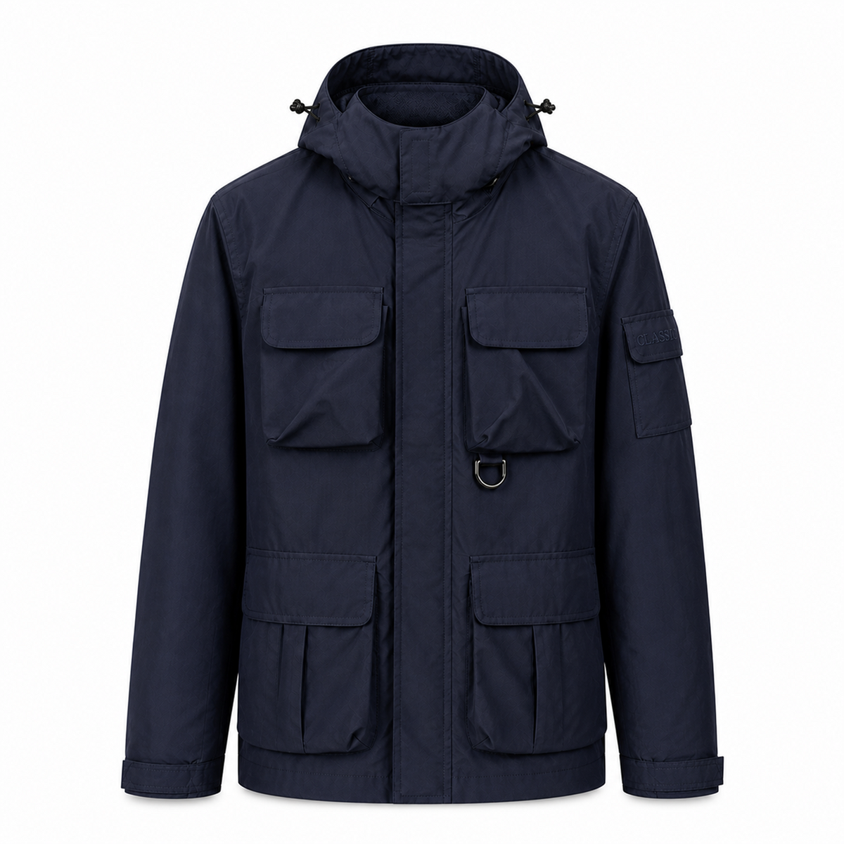 Wensley Hooded Utility Jacket in Dark Navy, front view