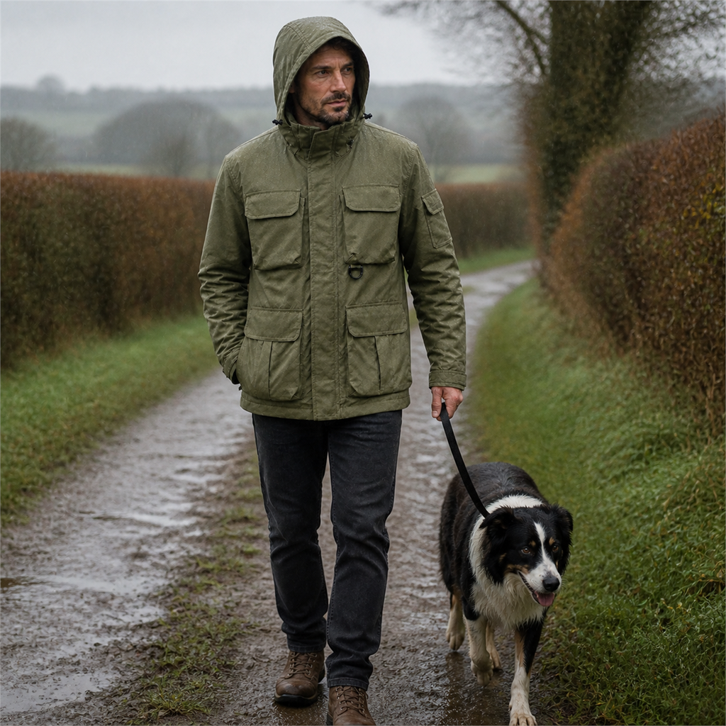 Wensley Hooded Utility Jacket in Military Green, rainy dog walk