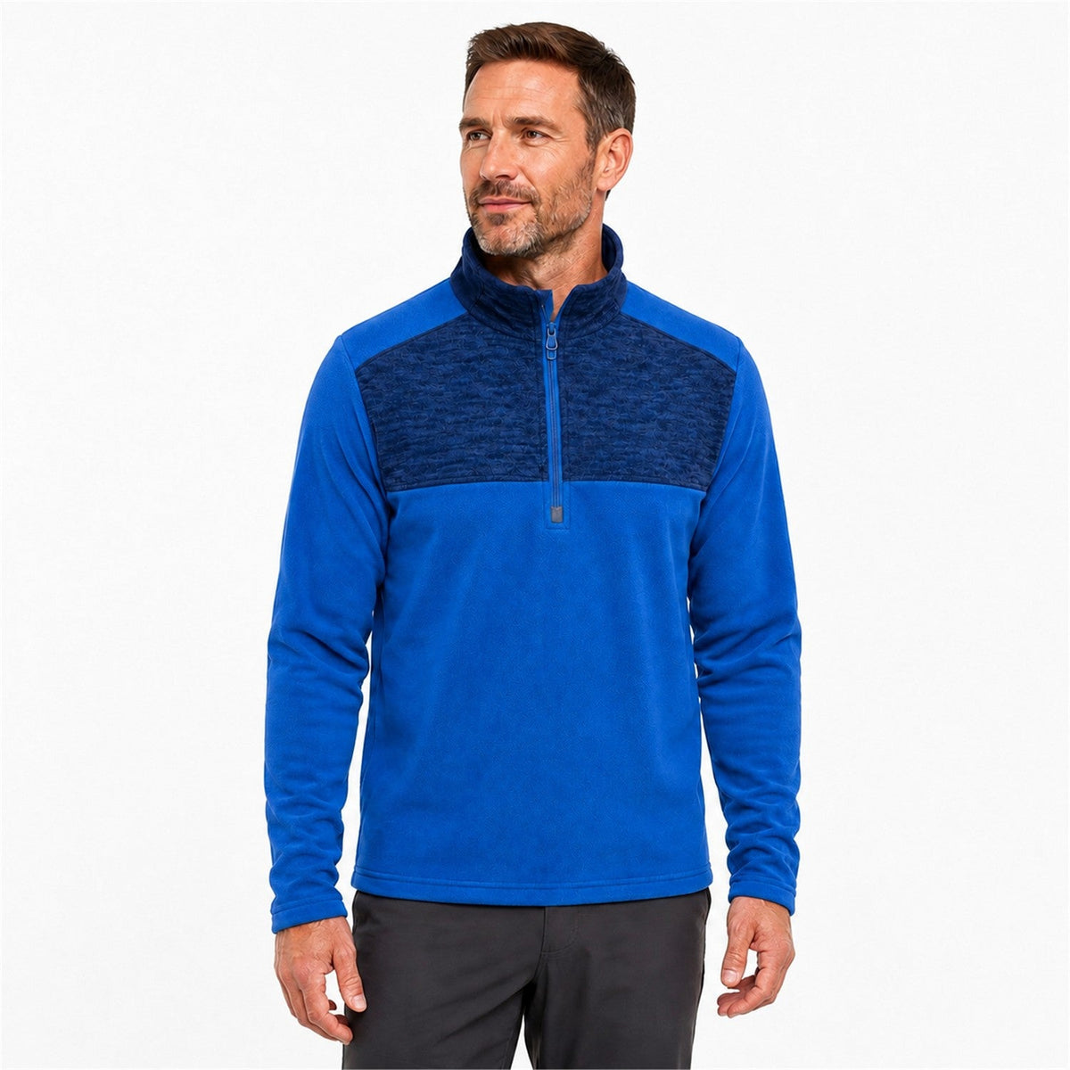 Rosedale men's half-zip fleece in Blue with navy chest panel, front view on a model against a white background