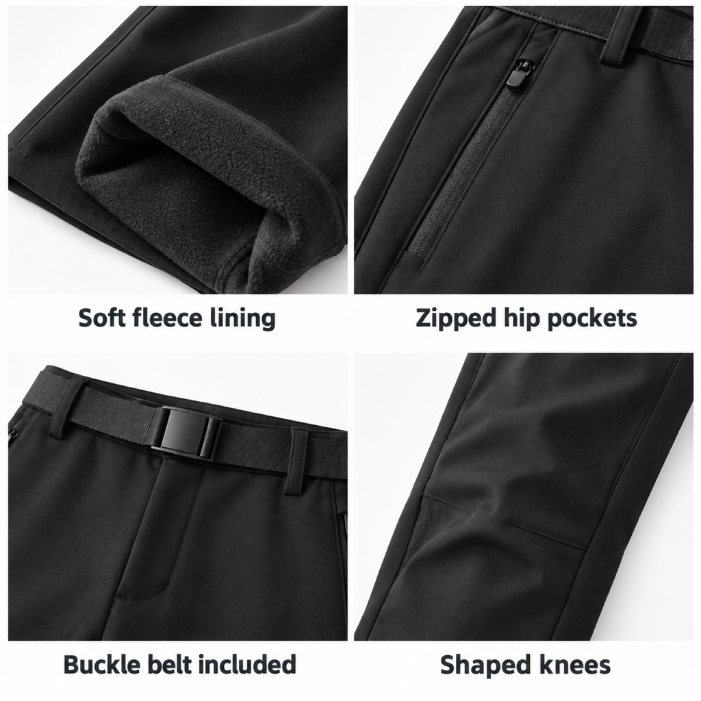 Malham trousers: fleece lining, zipped hip pockets, buckle belt and shaped knees