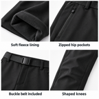 Malham trousers: fleece lining, zipped hip pockets, buckle belt and shaped knees