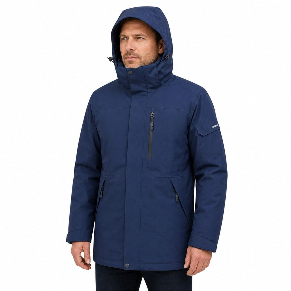 Men wearing the Navy Derwent jacket fully zipped with hood up