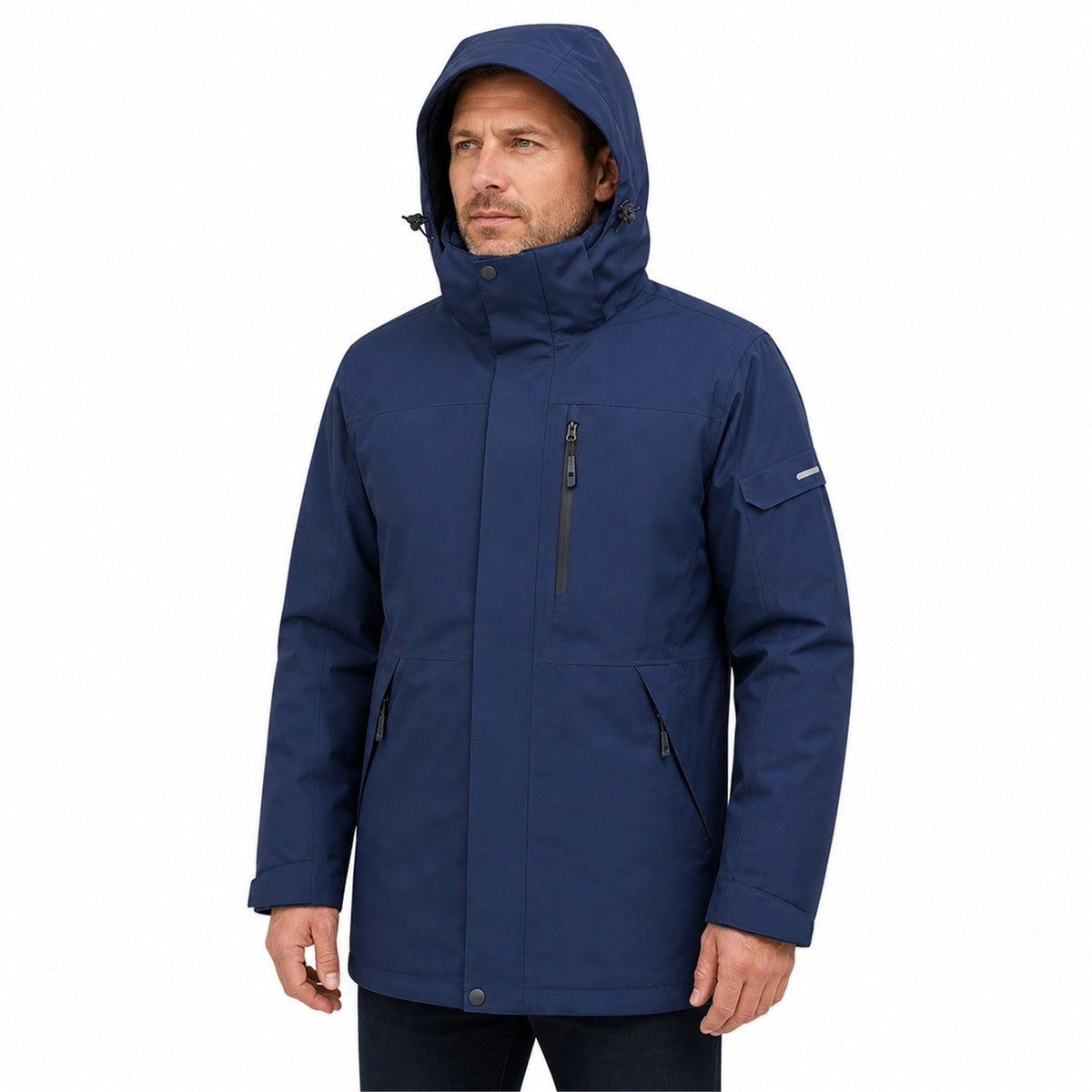 Men wearing the Navy Derwent jacket fully zipped with hood up