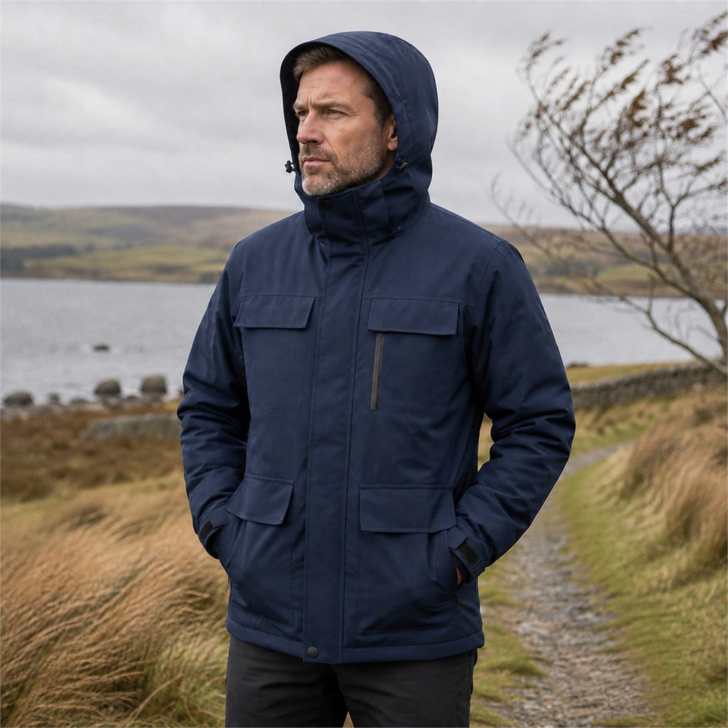Man wearing the Navy Ribble jacket in windy British lakeside conditions