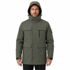 Man wearing the longer Sage Green Ribble jacket fully fastened with hood up