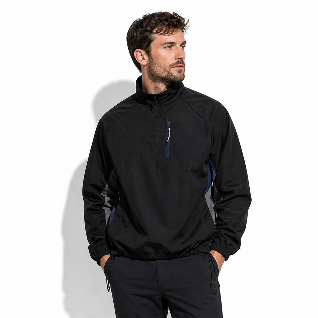 Man wearing black Grizedale smock jacket on white