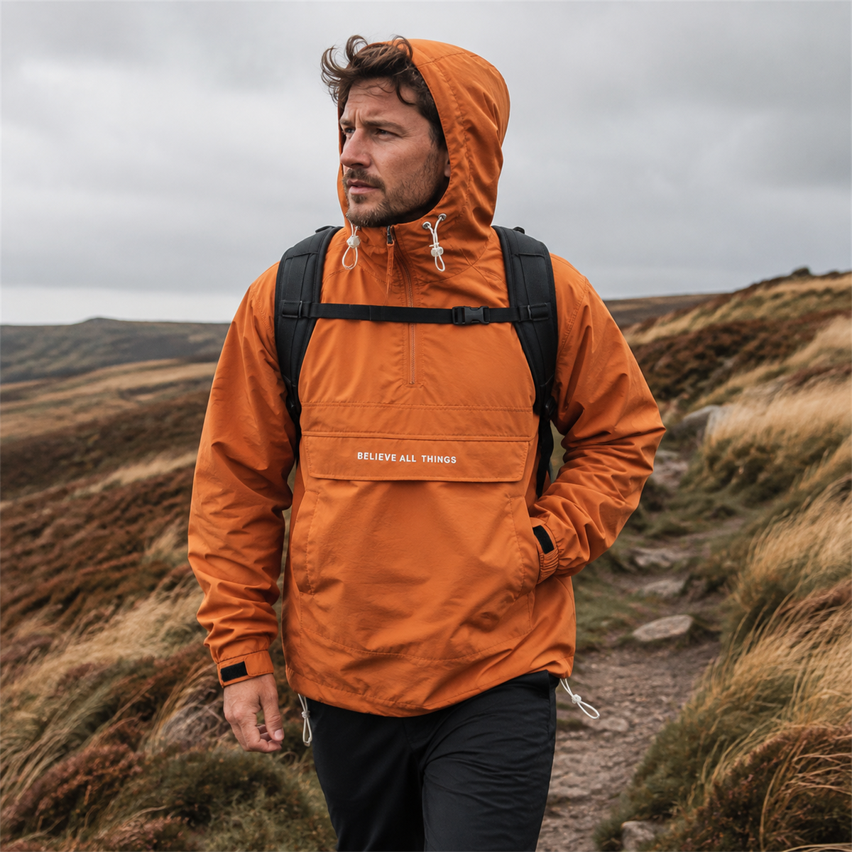 Man wearing Caramel Haworth smock outdoors on a windy British moor