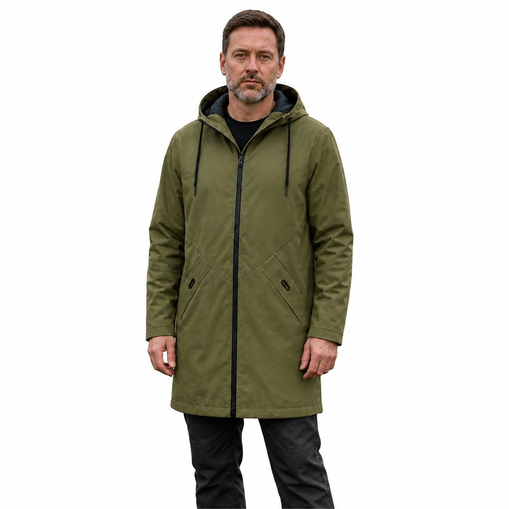 Moorland men's longline hooded windbreaker in army green, white-background model