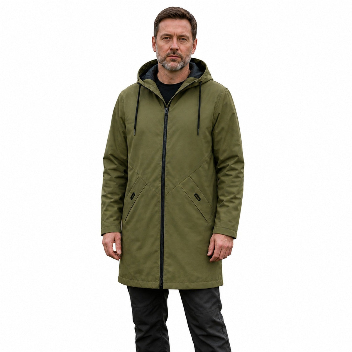 Moorland men's longline hooded windbreaker in army green, white-background model