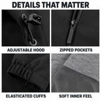 Bilsdale jacket details: hood adjustment, zipped pockets, elasticated cuffs and soft inner fabric