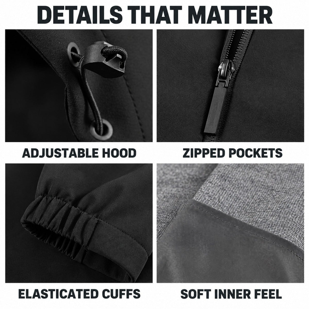 Bilsdale jacket details: hood adjustment, zipped pockets, elasticated cuffs and soft inner fabric