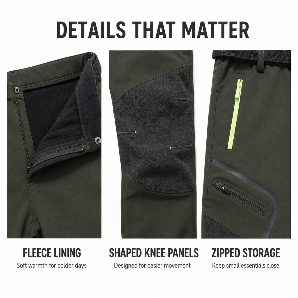 AC200001 men's fleece-lined softshell trousers — details