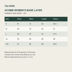 Acomb women's base layer garment size guide in centimetres