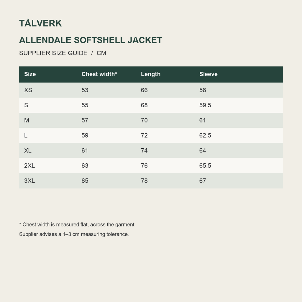 Allendale Women's Stand-Collar Softshell Jacket supplier size guide in centimetres