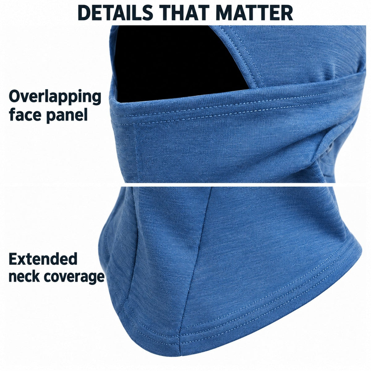 Alwinton balaclava overlapping face panel and extended neck coverage details