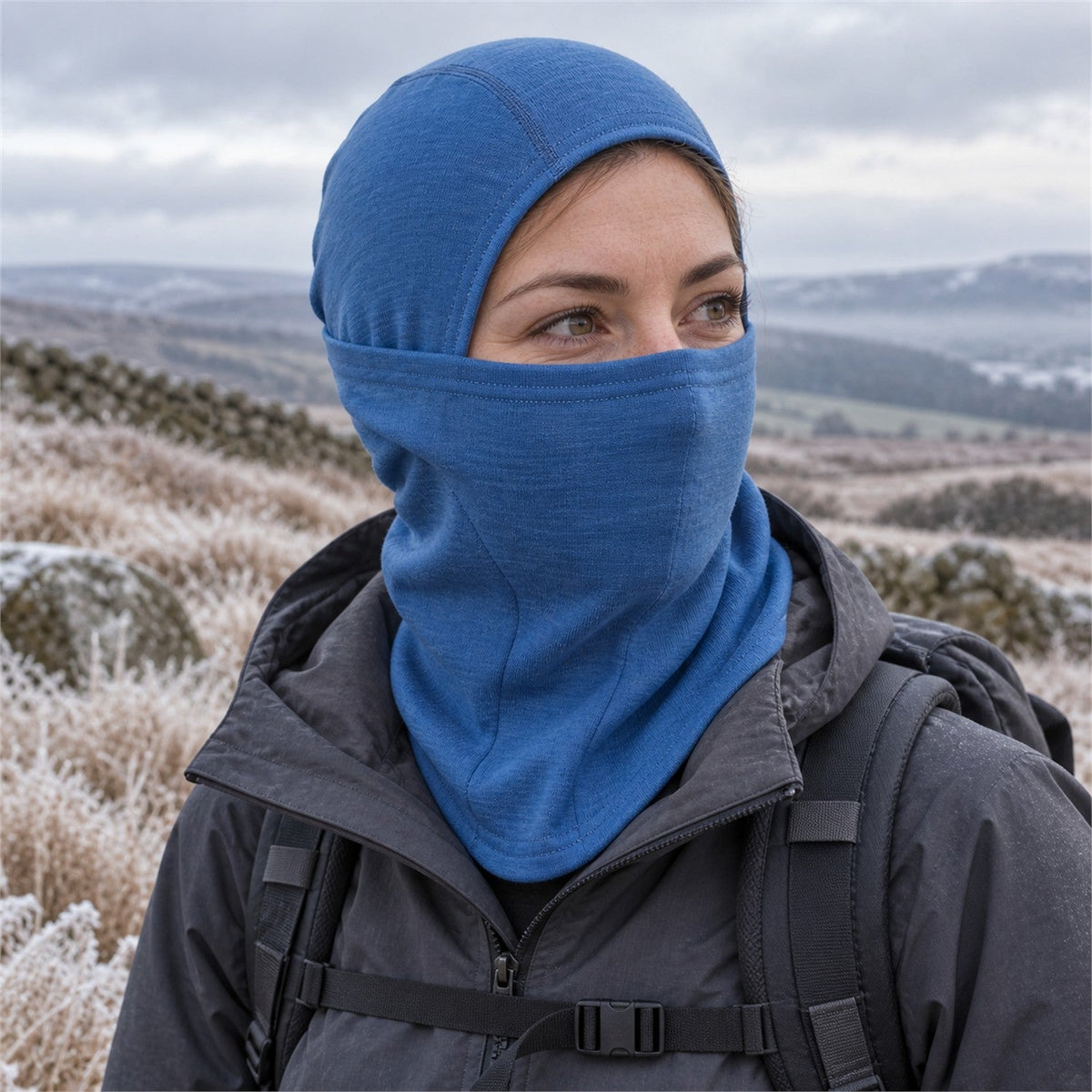Blue Alwinton merino balaclava worn on a frosty winter walk