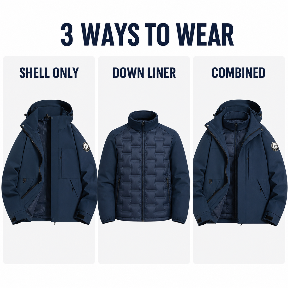 Three ways to wear the Angular Core AC102006 jacket: shell, down liner or combined