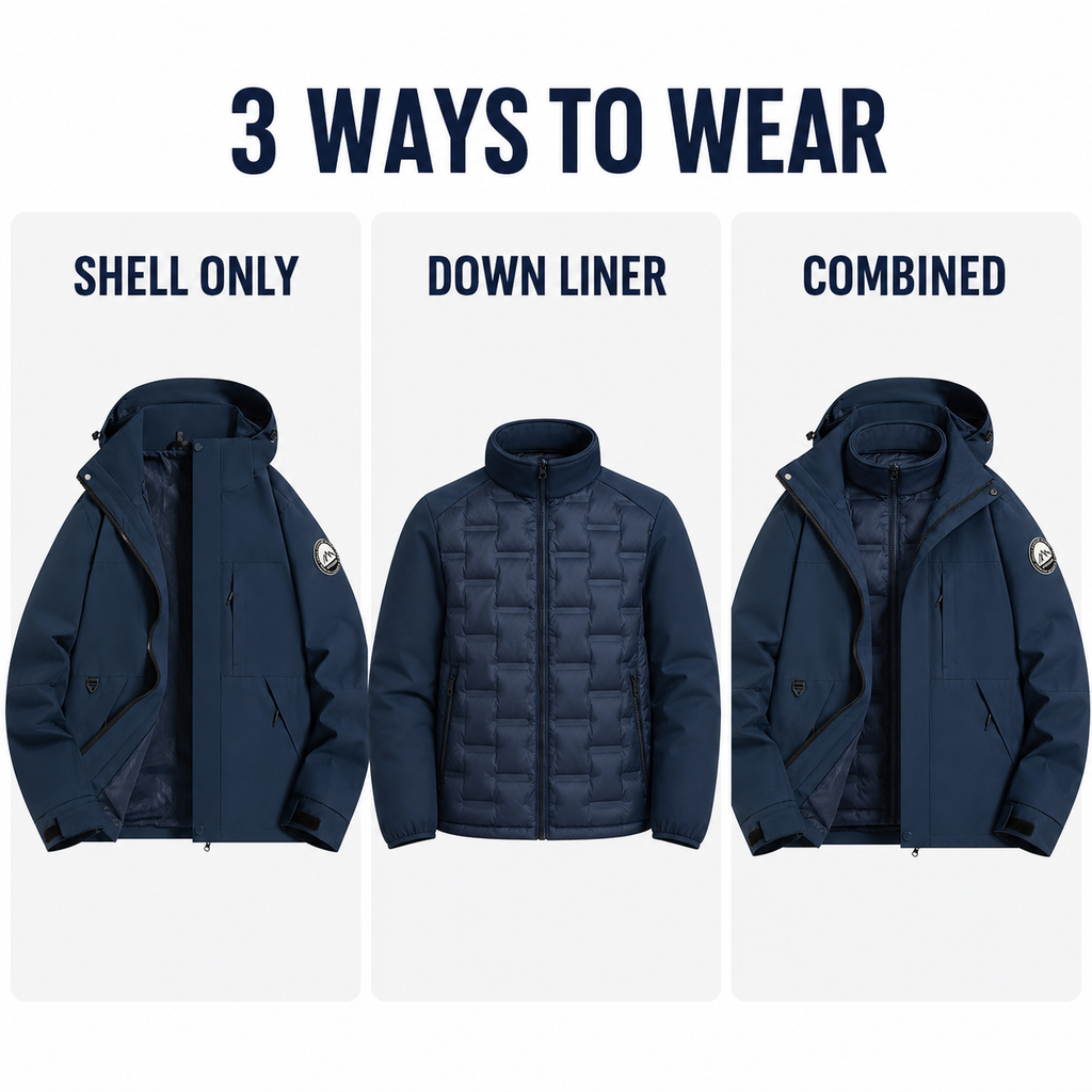 Three ways to wear the Angular Core AC102006 jacket: shell, down liner or combined