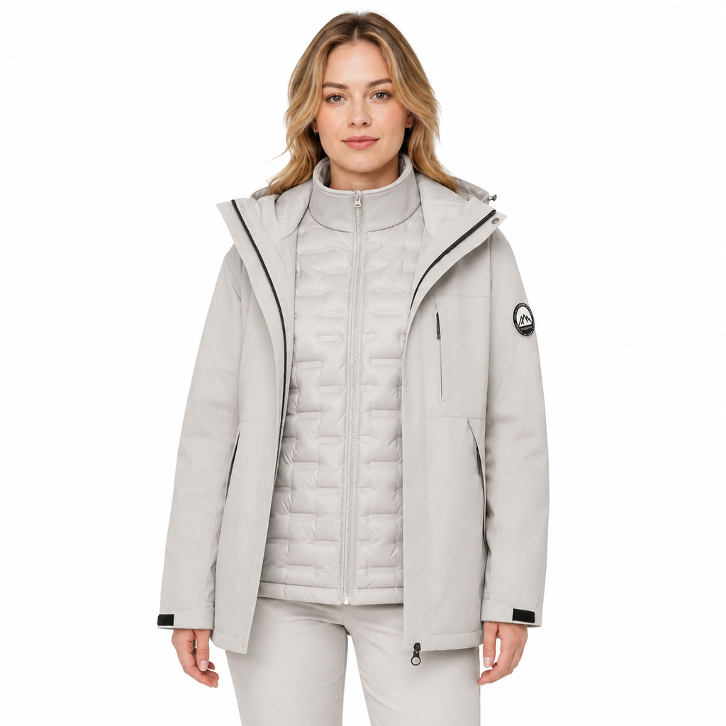 Woman wearing the Angular Core Ice Grey 3-in-1 jacket with the shell open and down liner zipped
