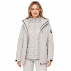 Woman wearing the Angular Core Ice Grey 3-in-1 jacket with the shell open and down liner zipped