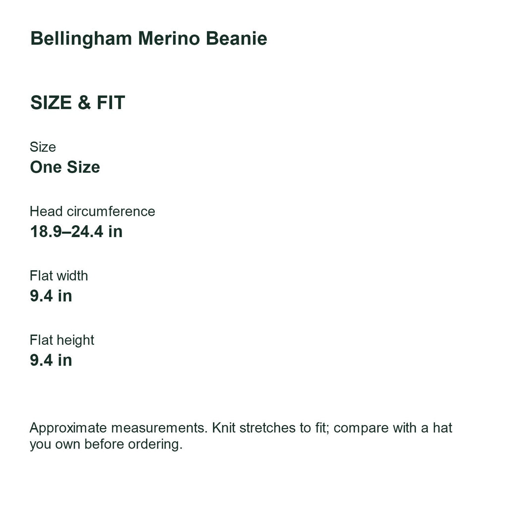 Bellingham Merino Wool Beanie size guide in inches