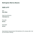 Bellingham Merino Wool Beanie size guide in inches