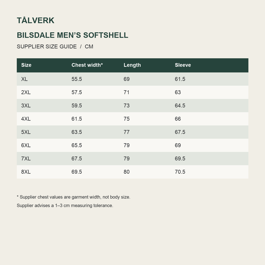 Bilsdale Men's Hooded Softshell Jacket supplier size guide in centimetres