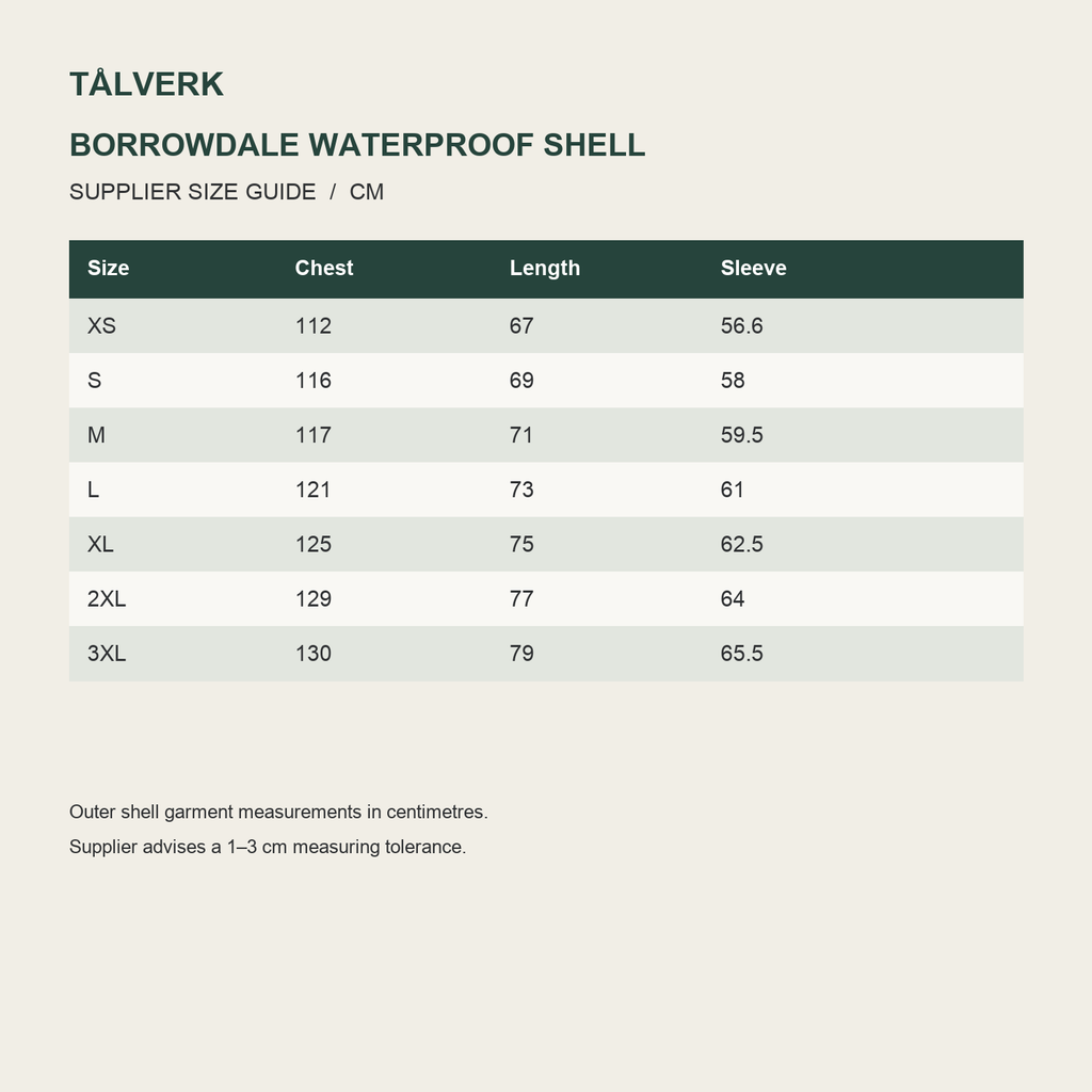 Borrowdale Women's Lightweight Waterproof Jacket supplier size guide in centimetres