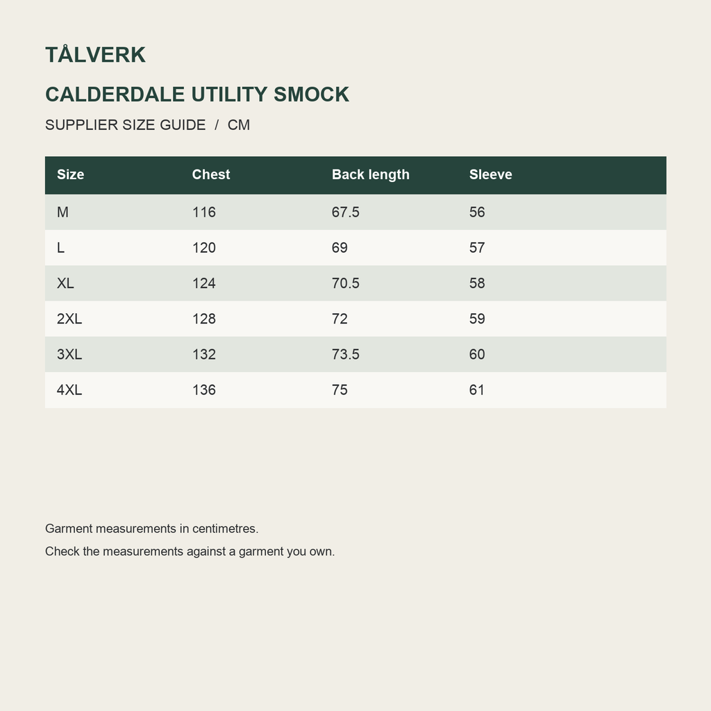 Calderdale Men's Hooded Utility Smock supplier size guide in centimetres