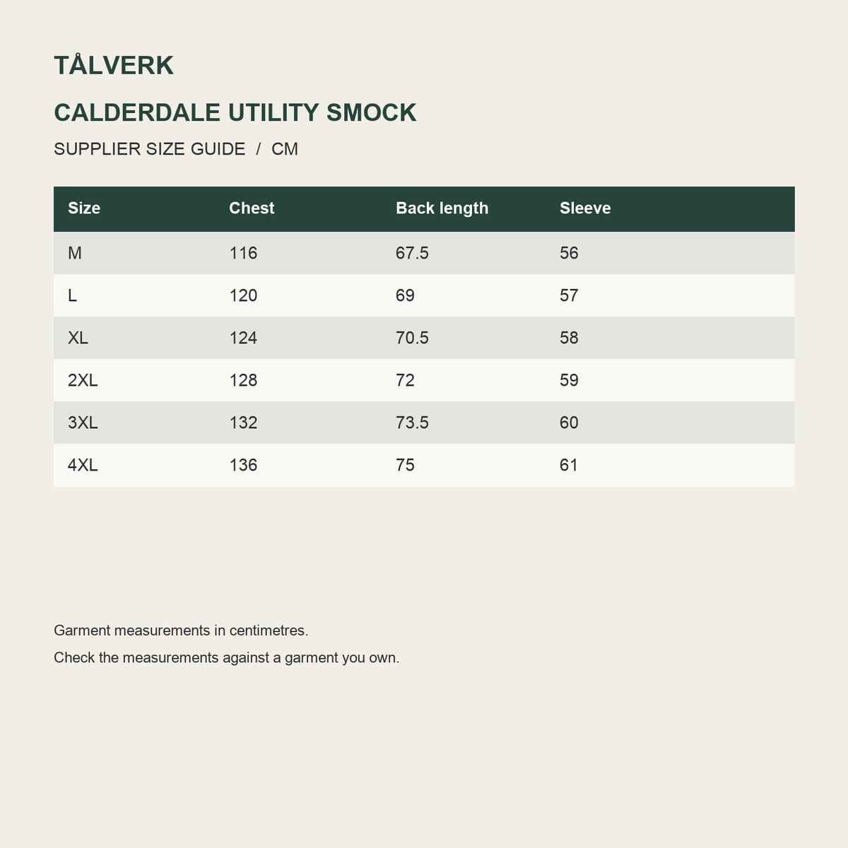 Calderdale Men's Hooded Utility Smock supplier size guide in centimetres