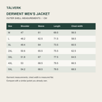 Derwent men's shell garment size guide in centimetres