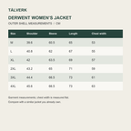 Derwent women's shell garment size guide in centimetres