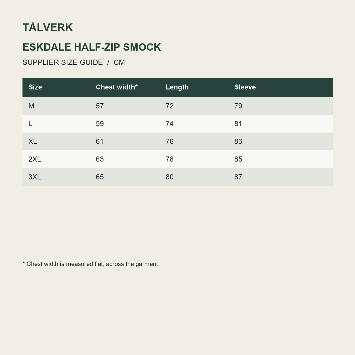 Eskdale Men's Lightweight Half-Zip Smock supplier size guide in centimetres