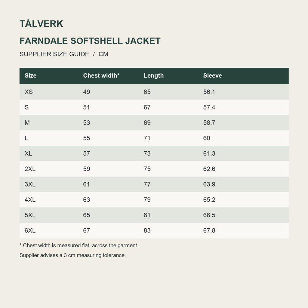 Farndale Men's Water-Resistant Hooded Softshell Jacket supplier size guide in centimetres