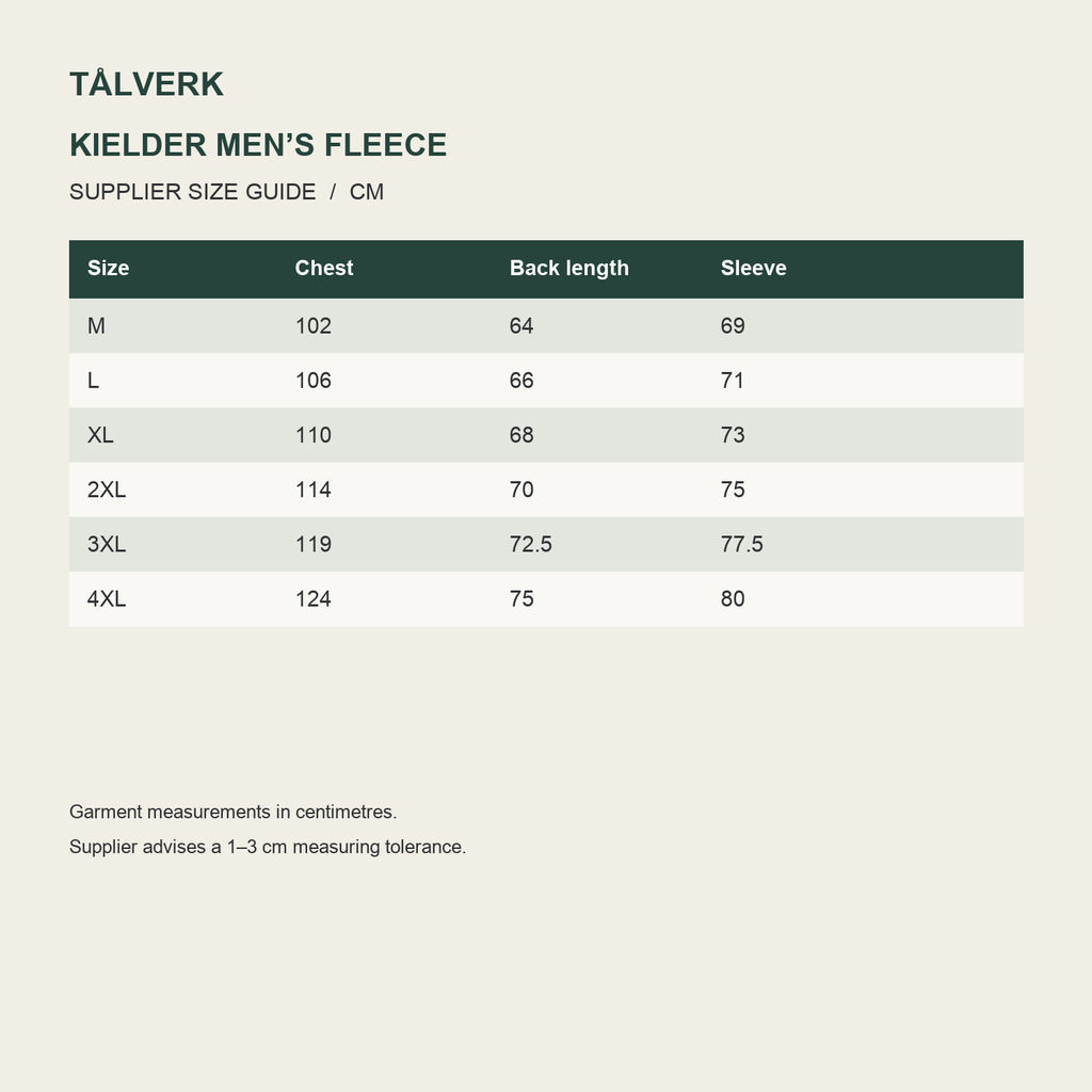 Kielder Men's Zip-Neck Fleece Pullover supplier size guide in centimetres