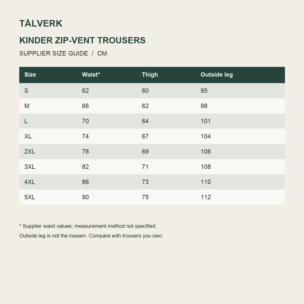 Kinder trousers supplier size guide in centimetres