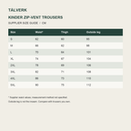 Kinder trousers supplier size guide in centimetres