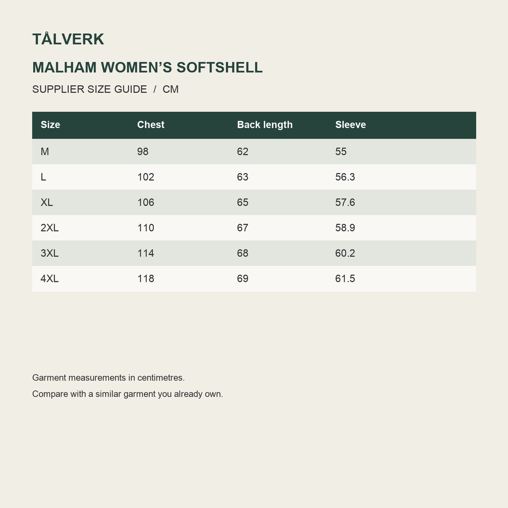 Malham Women's Fleece-Lined Softshell Jacket supplier size guide in centimetres