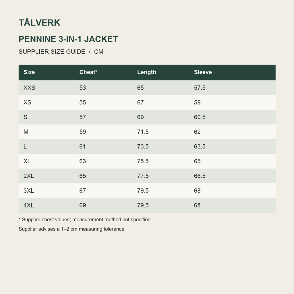 Pennine Men's Seam-Sealed 3-in-1 Fleece Jacket supplier size guide in centimetres