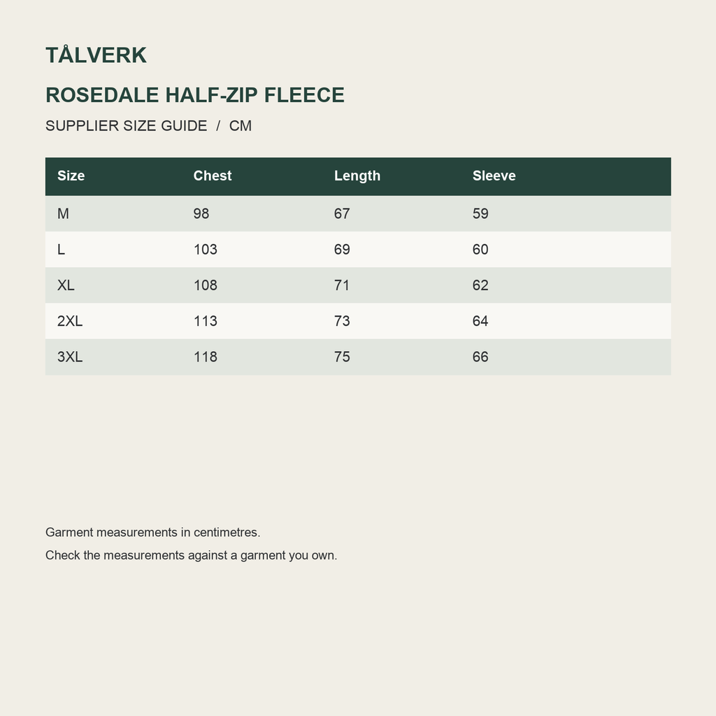 Rosedale Men's Half-Zip Fleece Midlayer supplier size guide in centimetres