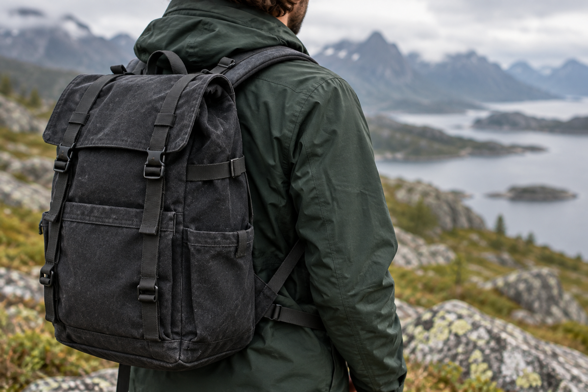 Outdoor backpack overlooking a Nordic fjord
