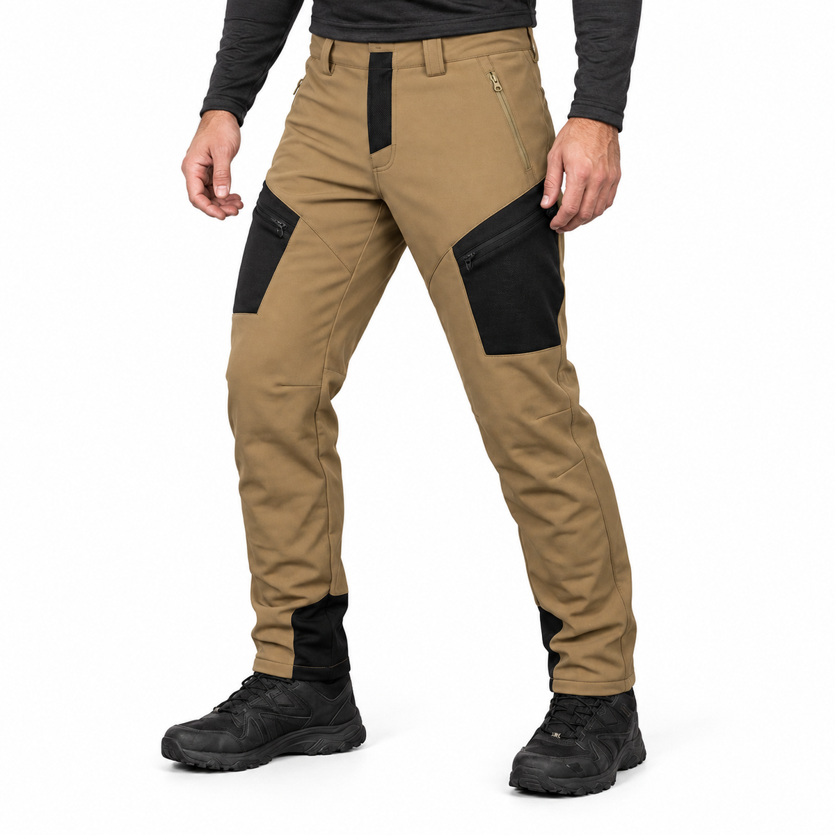 Grampus fleece-lined softshell trousers in Coyote, waist-down styling illustration