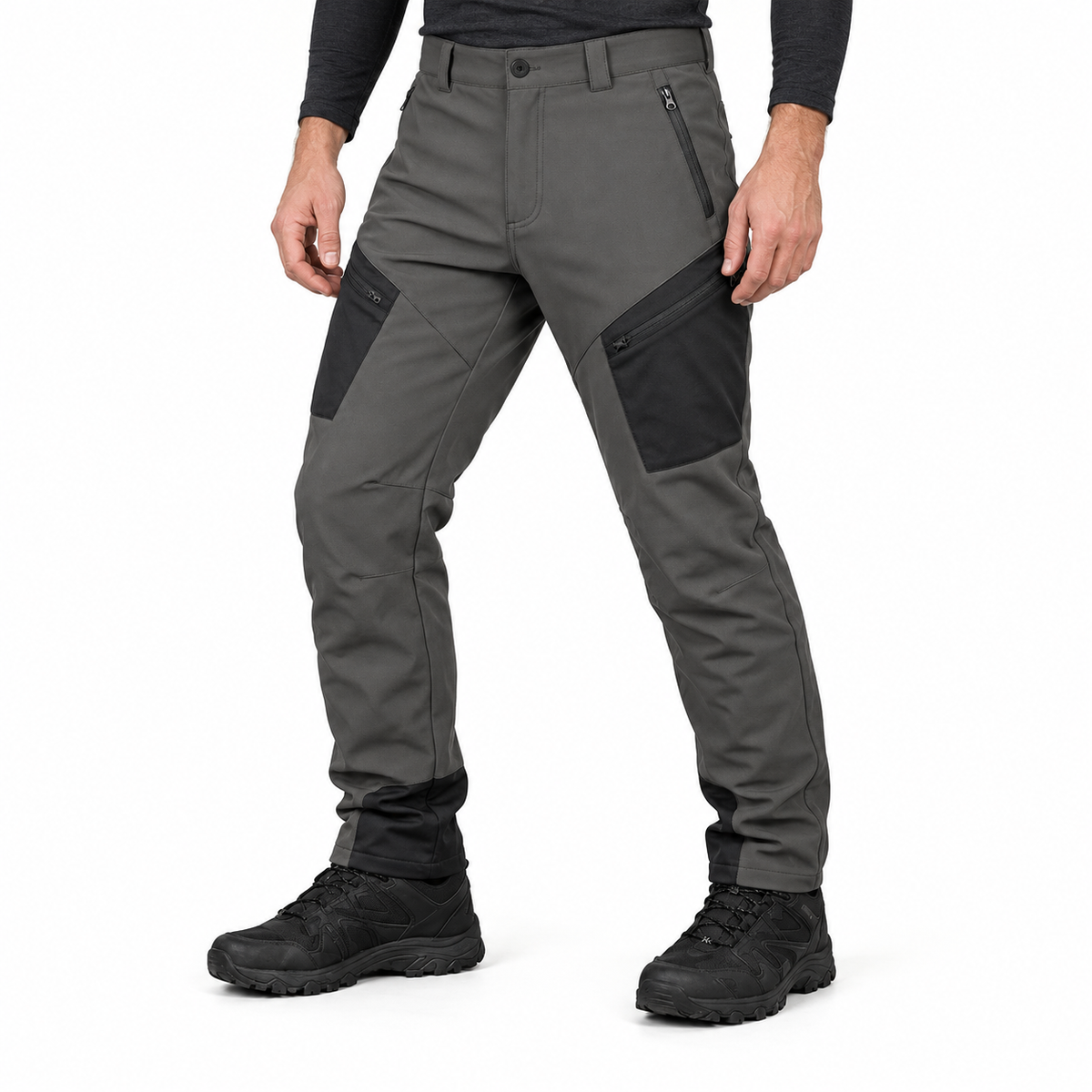 Grampus fleece-lined softshell trousers in Grey, waist-down styling illustration
