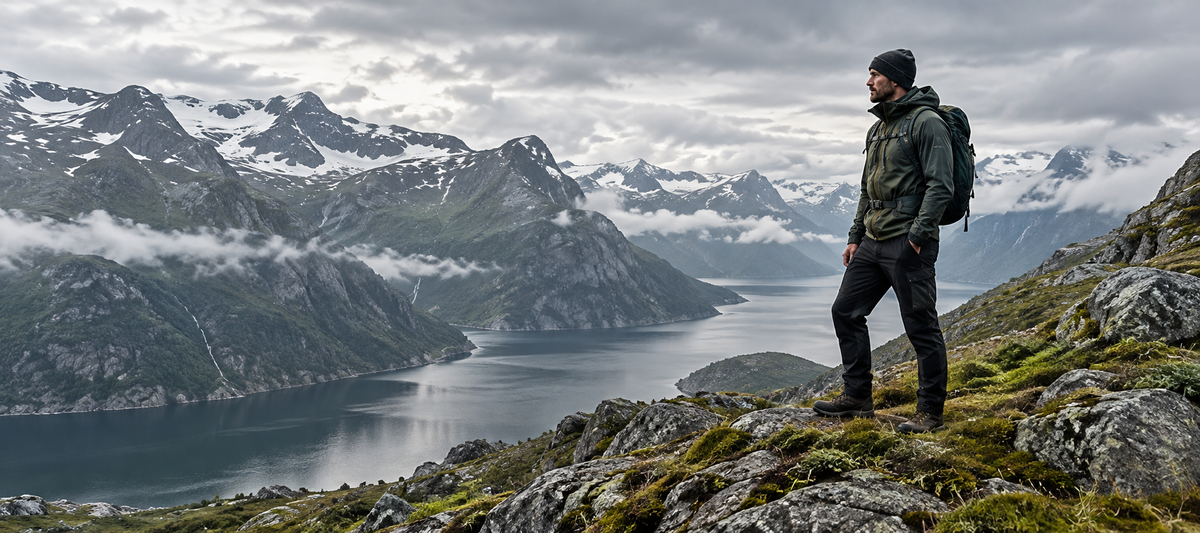 Hiker overlooking a Nordic fjord