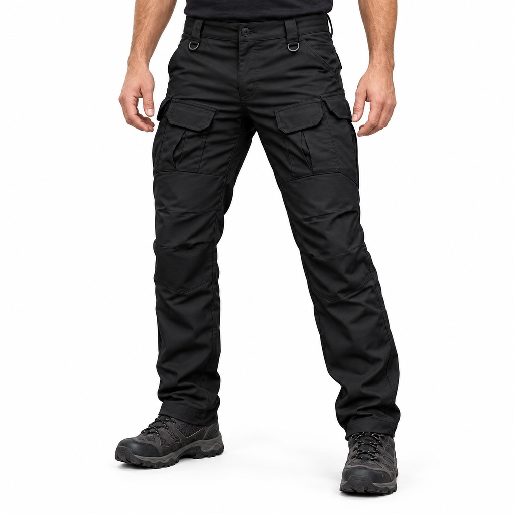 IX8 outdoor trousers in Black, waist-down styling illustration