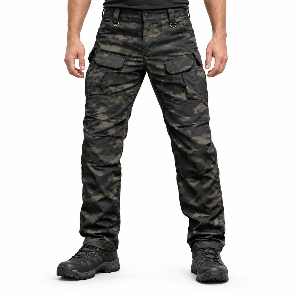 IX8 outdoor trousers in Dark Camo, waist-down styling illustration