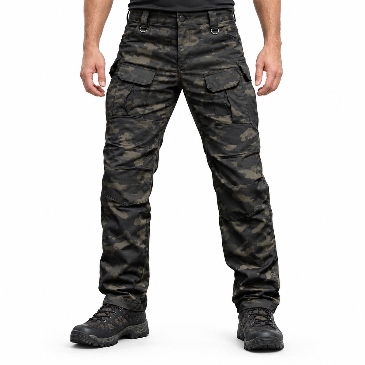 IX8 outdoor trousers in Dark Camo, waist-down styling illustration