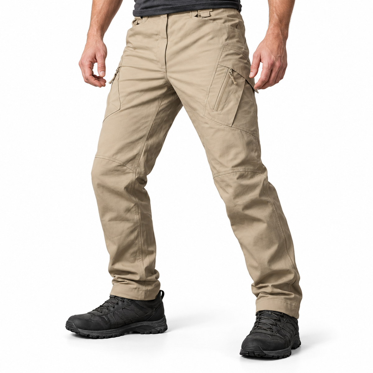 IX9 outdoor trousers in Khaki, waist-down styling illustration