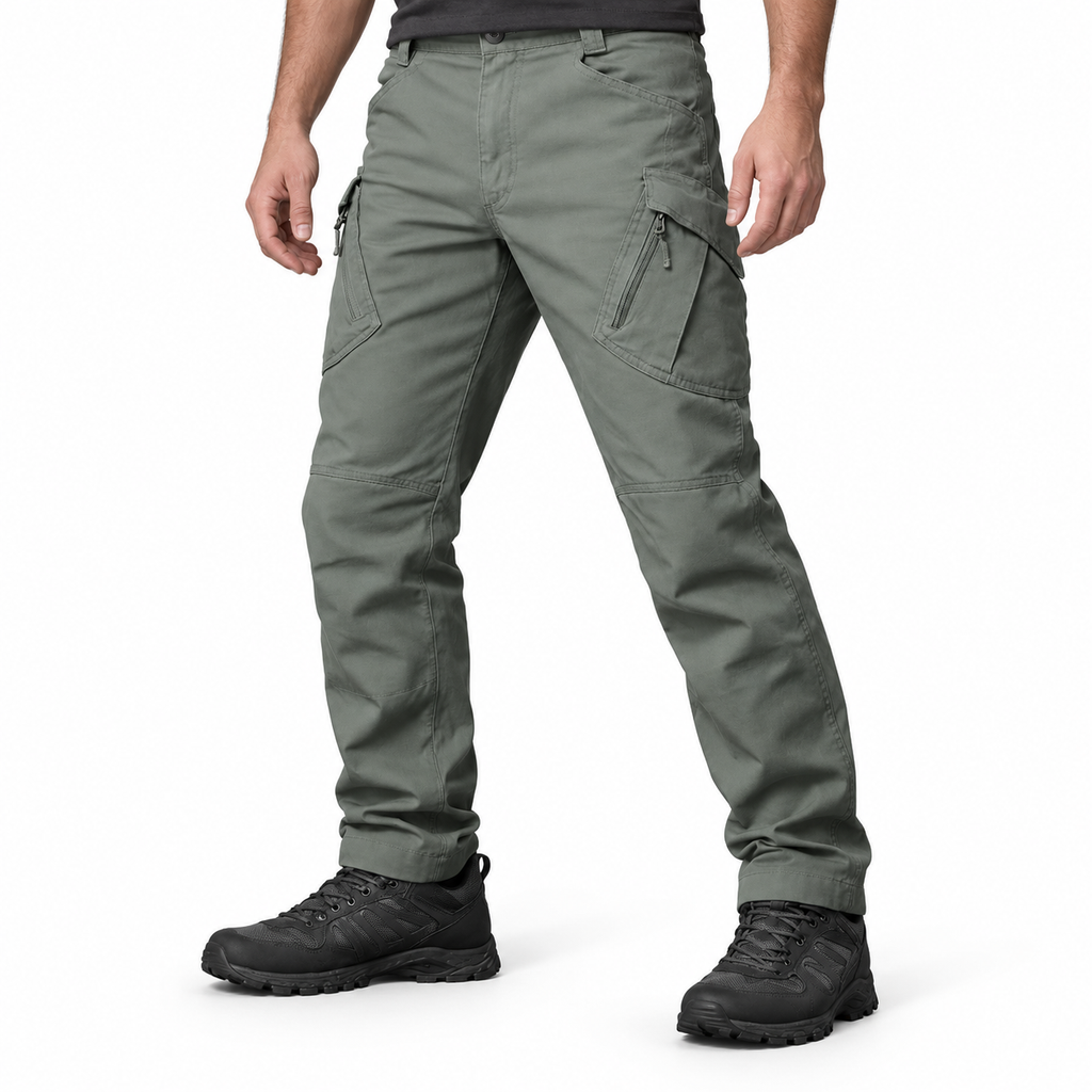 IX9 outdoor trousers in Ranger Green, waist-down styling illustration