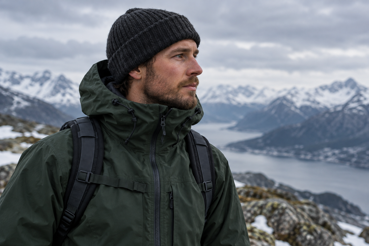 Hiker in a spruce green jacket in the mountains